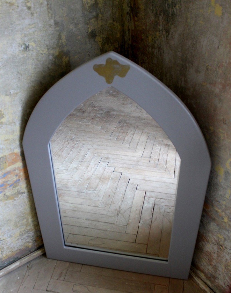 wooden mirror, golden pattern